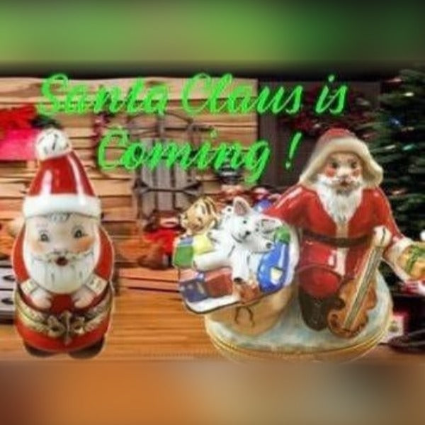 Handcrafted Santa Claus Limoges box figurines painted with detailed holiday designs and festive colors