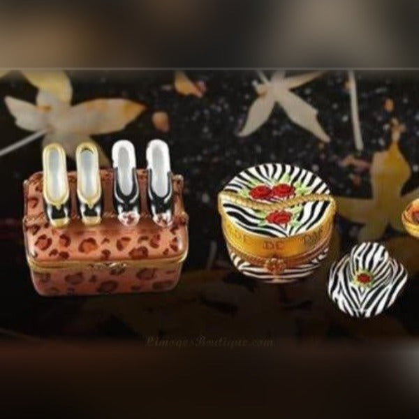 Hand-painted fashion Limoges boxes featuring shoes like leopard print heels and zebra-striped round box with floral accents