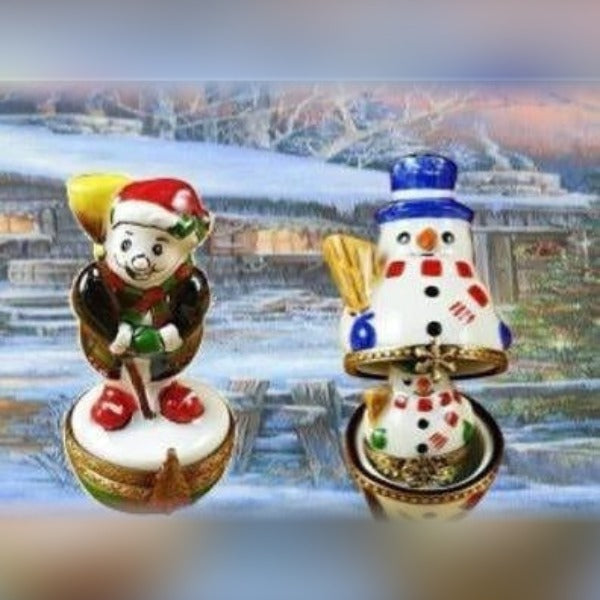 Hand-painted snowman Limoges box and elf porcelain box with festive colors and winter scene background
