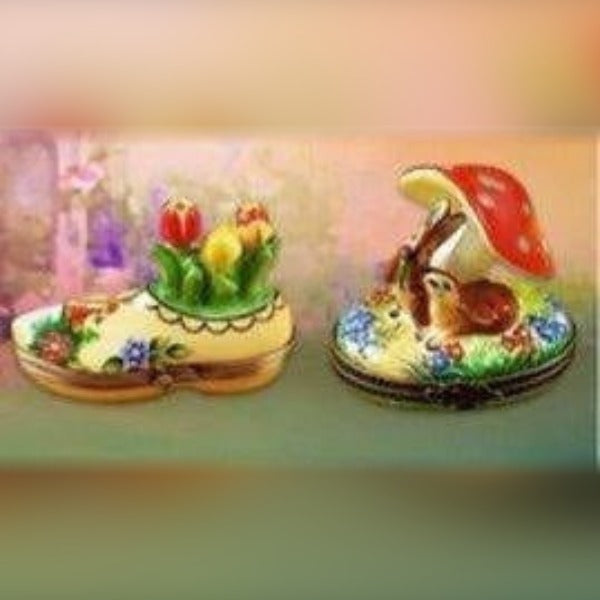 Spring Limoges boxes featuring detailed hand-painted floral shoe and mushroom designs