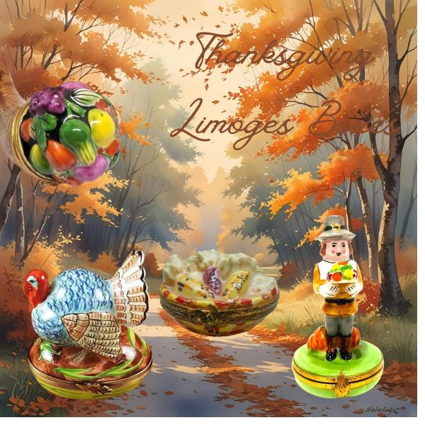 Thanksgiving Limoges boxes with hand-painted turkey, pilgrim, and autumn harvest designs on an autumn forest background