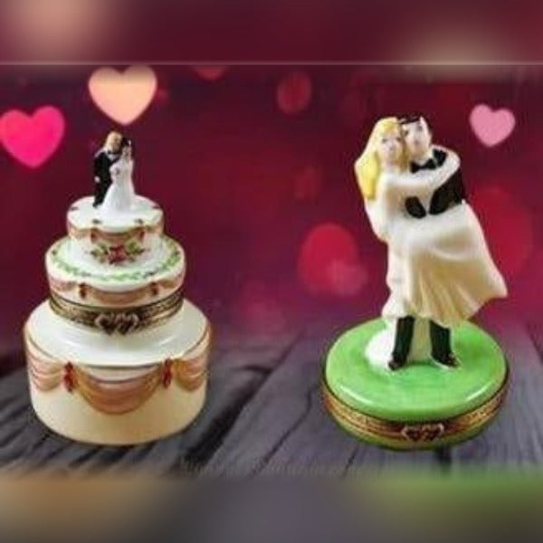 Wedding Limoges boxes featuring hand-painted bride and groom figurines with romantic heart background