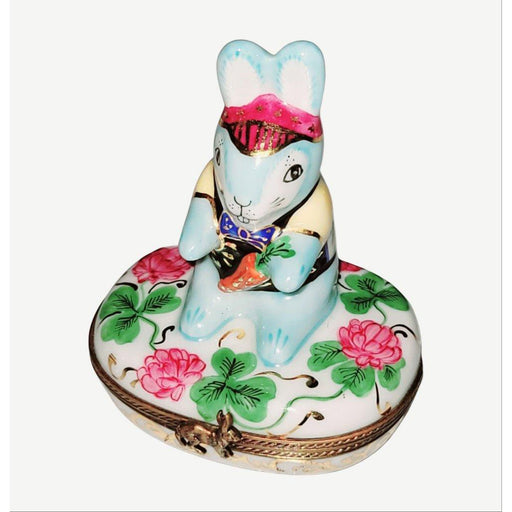 Good Luck Blue Game Rabbit on Flowers Limoges Box Figurine - Limoges Box Boutique