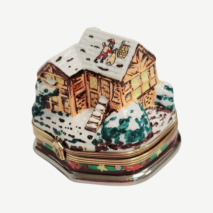 Santa on Roof of Winter Country House Cottage Limoges Box Figurine - Limoges Box Boutique