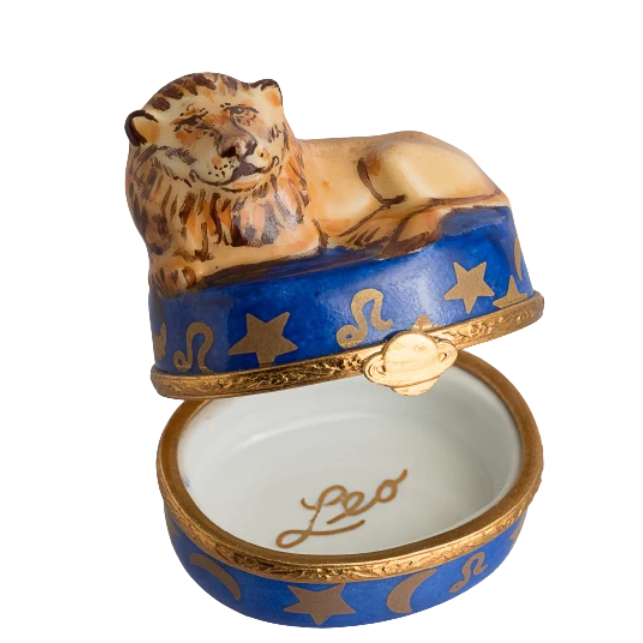 Leo zodiac lion hand-painted Limoges porcelain box by Artoria, open view