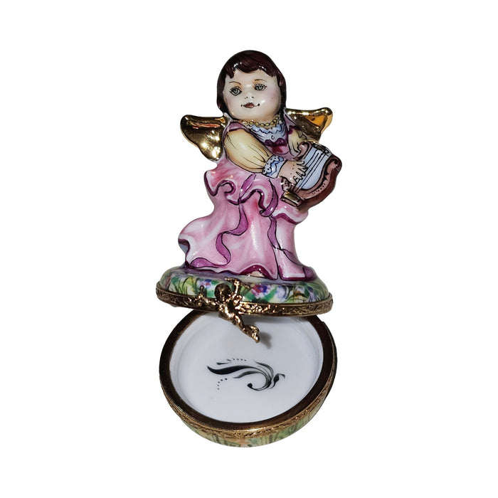 Hand-painted Brunette Angel with Harp Limoges box, French artistry for lovers of fine art
