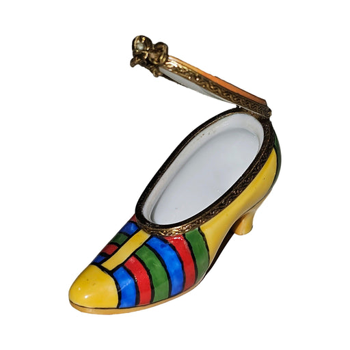 Fine French craftsmanship on the Yellow Rainbow Shoe Limoges box, painted by hand
