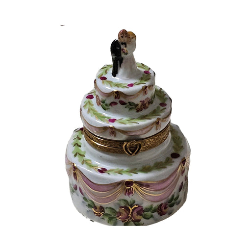 Genuine Wedding Cake with Bride and Groom Pink Ribbons Limoges box painted by hand in France, from Limoges Boutique