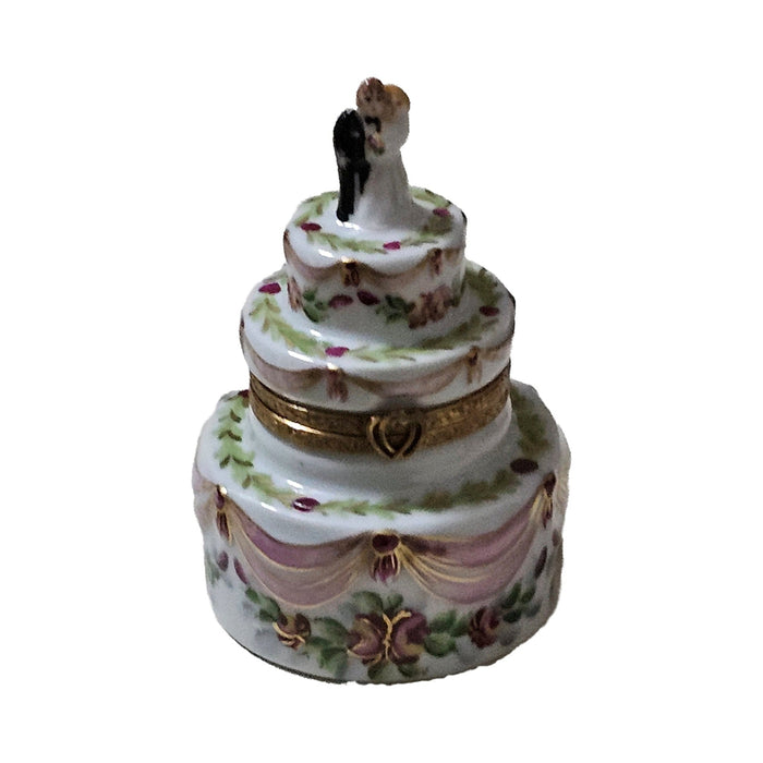 Collectible Wedding Cake with Bride and Groom Pink Ribbons Limoges box with artisan brushwork