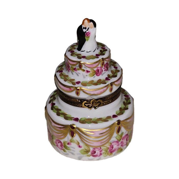 Genuine Couple on Wedding Cake Gold Pink Ribbons Limoges box painted by hand in France, from Limoges Boutique