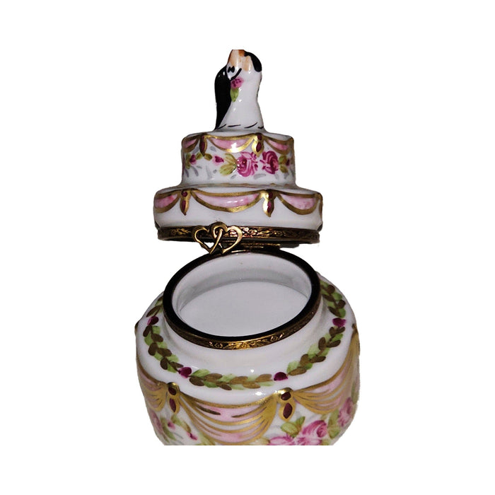 Gift idea for someone who loves France: Couple on Wedding Cake Gold Pink Ribbons Limoges box