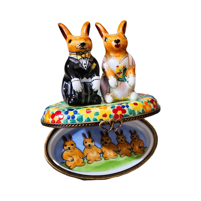 Artisan-painted Wedding Rabbits Limoges box from France, a cherished collectible