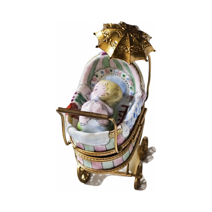 The painter's artistry shows on this Baby in Carriage Stroller Pram Limoges box