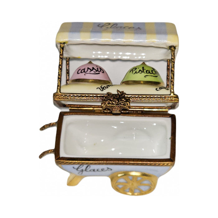 Painted details on the Whimsical Ice Cream Cart Limoges box, French art in miniature