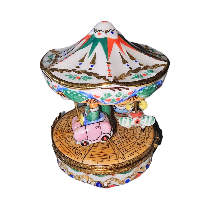 Painted details on the White Carousel Bumper Cars Merry Go Round Limoges box, French art in miniature