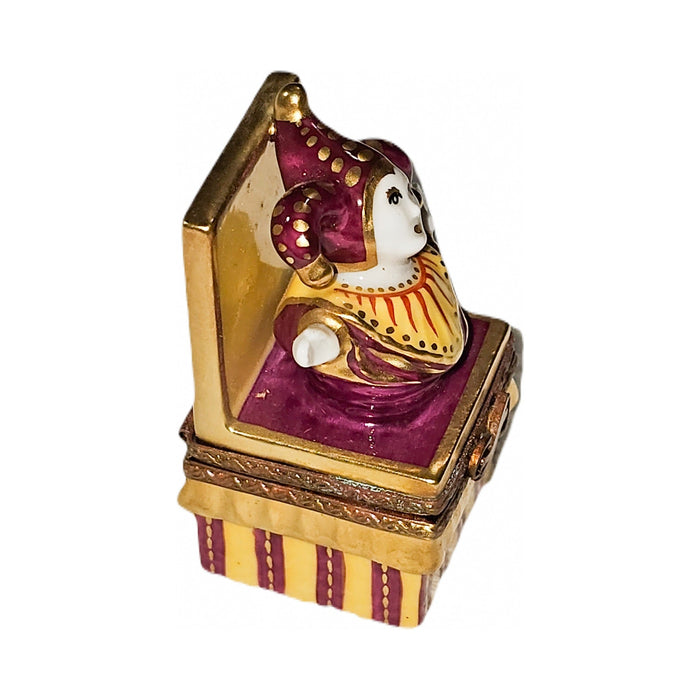 Painted details on the Jester Jack Limoges box, French art in miniature