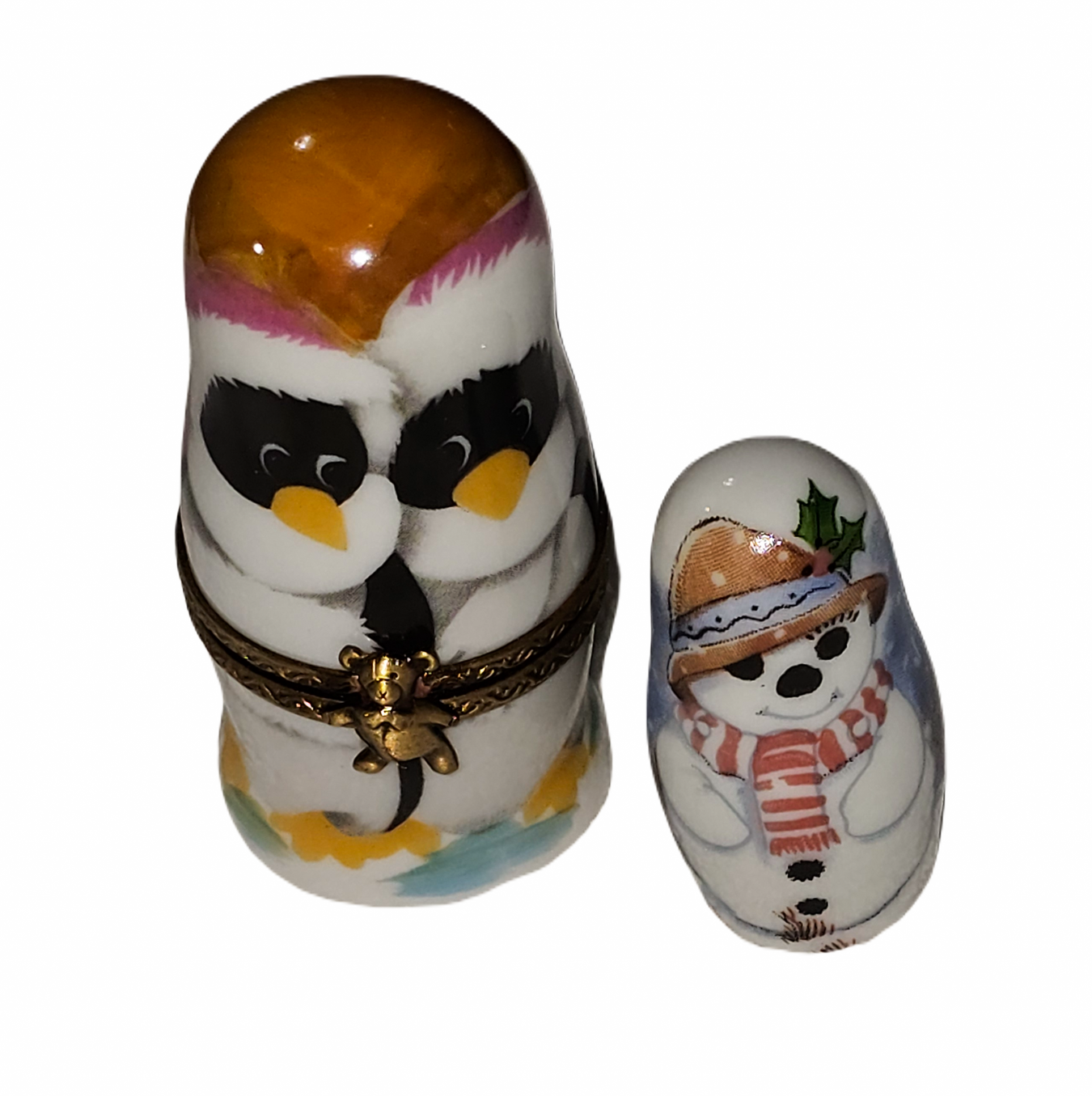 Penguin Snowman Nesting Doll Porcelain Limoges snowman French Trinket Box