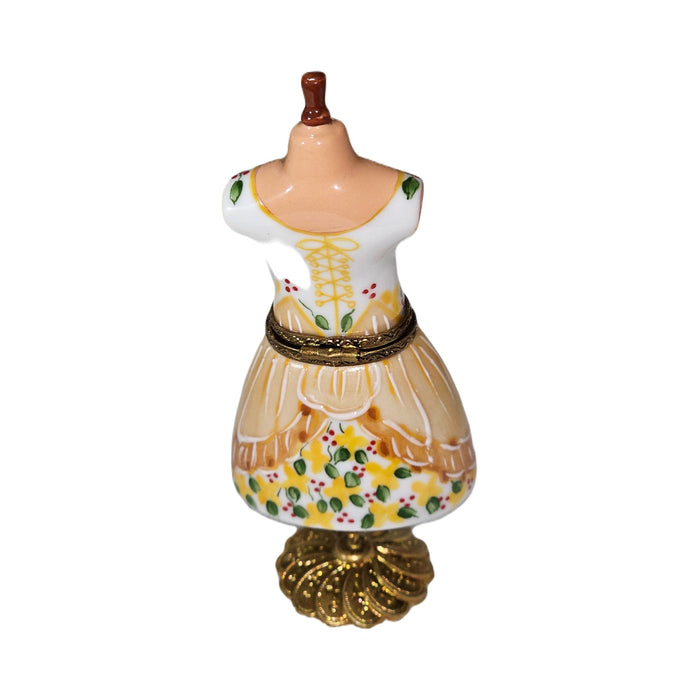 Collectible Yellow Dress on Mannequin Form Limoges box with artisan brushwork