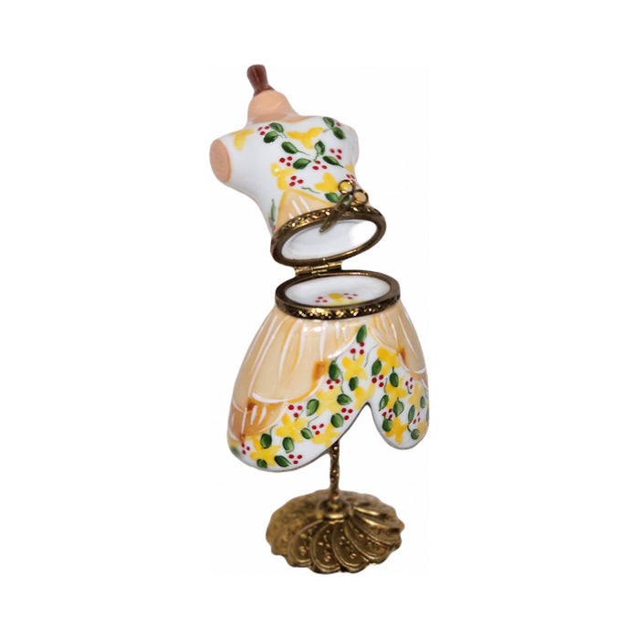Yellow Dress on Mannequin Form Limoges box painted by hand in Limoges, France, a gift to treasure
