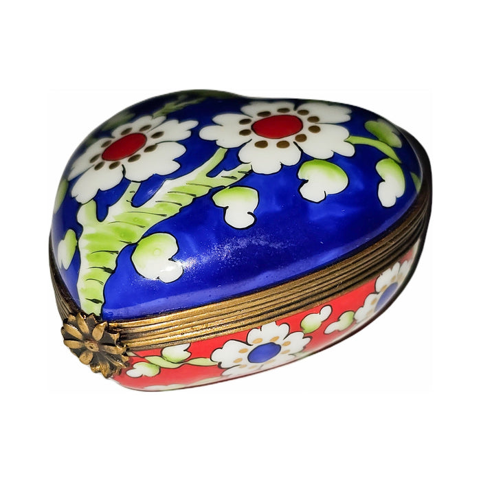 Painted details on the Blue Red Flowers Heart Limoges box, French art in miniature