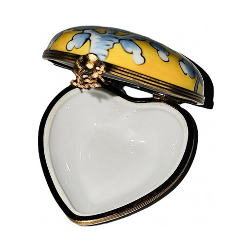 Hand-painted Blue Flowers on Yellow Heart for Loved Ones Limoges box, French artistry for lovers of fine art
