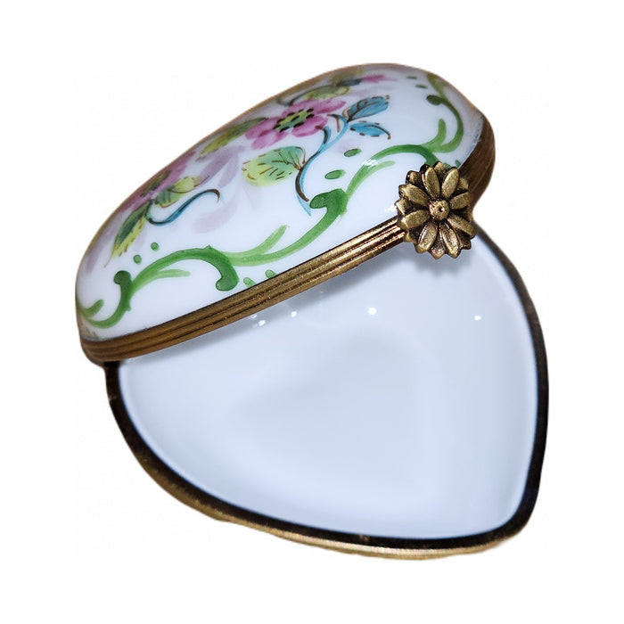 Treasured French collectible: Pink Flowers with Leaves Heart Limoges box, painted by hand