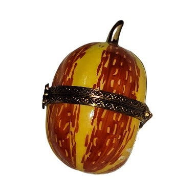 Every brushstroke by hand on the Orange Yellow Gourd Limoges box from France