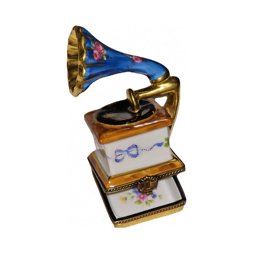 Painted details on the Blue Floral Gramophone Limoges box, French art in miniature
