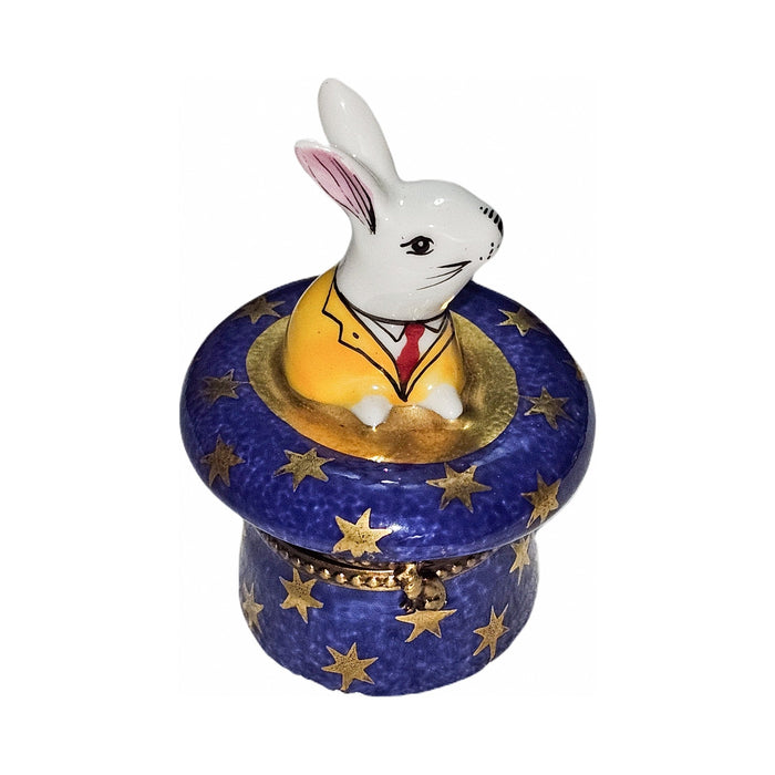 Limoges Boutique presents the White Rabbit in Blue Magic Hat, a genuine Limoges box painted by hand in France