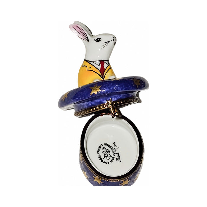 Fine French craftsmanship on the White Rabbit in Blue Magic Hat Limoges box, painted by hand