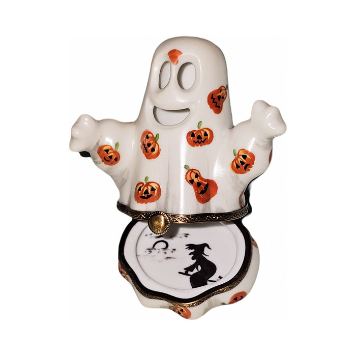 Painted details on the Ghost with Jack-o'-Lanterns Halloween Limoges box, French art in miniature