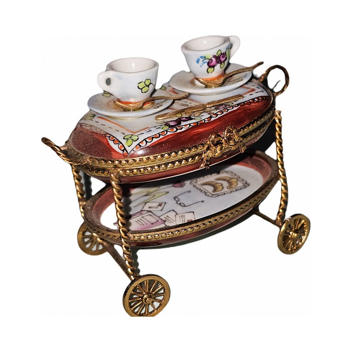 Painted details on the Maroon Tea Cart Limoges box, French art in miniature