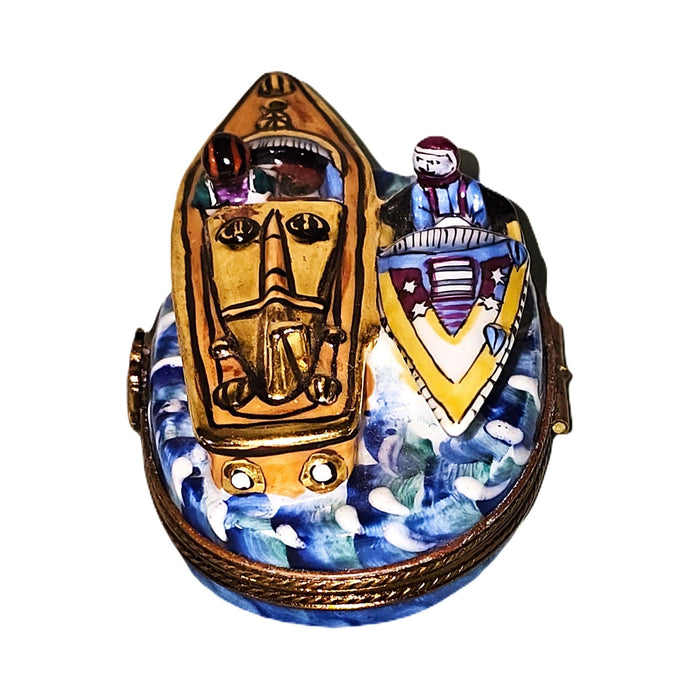Painted details on the Two Speedboats Limoges box, French art in miniature