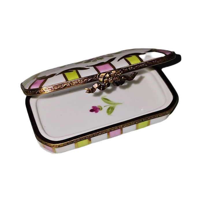 Artisan-painted Pink Green Flowers Rectangular Limoges box from France, a cherished collectible