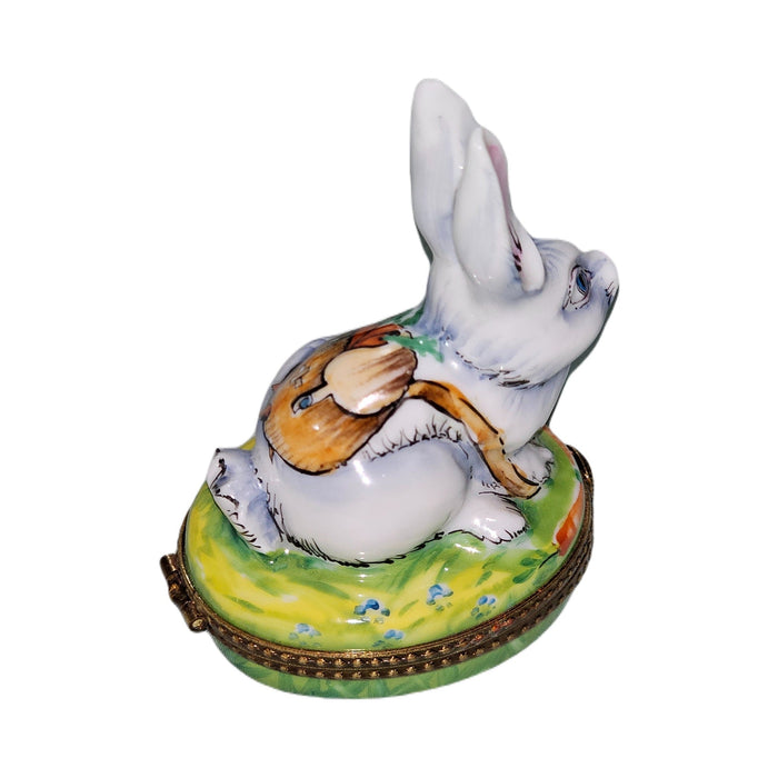 White Rabbit with Backpack Limoges box painted by hand in Limoges, France, a gift to treasure