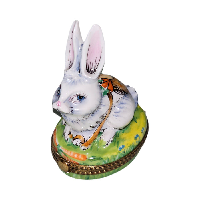 Collectible White Rabbit with Backpack Limoges box with artisan brushwork