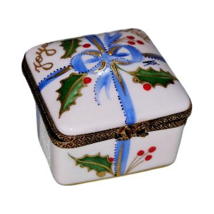 Joyeux Noel Blue Ribbon Christmas Square Limoges box painted by hand in Limoges, France, a gift to treasure