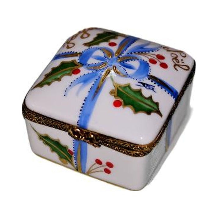 Collectible Joyeux Noel Blue Ribbon Christmas Square Limoges box with artisan brushwork