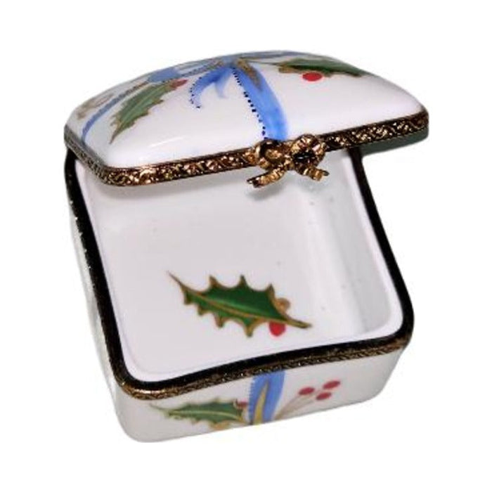 Hand-painted Joyeux Noel Blue Ribbon Christmas Square Limoges box, French artistry for lovers of fine art