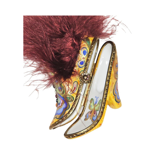 Hand-painted Yellow Shoe with Butterfly Red Feathers Limoges box, French artistry for lovers of fine art