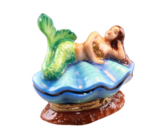 Mermaid on shell with pearl inside, hand-painted Limoges porcelain box by Artoria