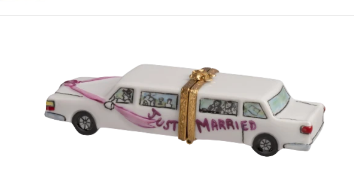 Just Married wedding car, hand-painted Limoges porcelain box by Artoria