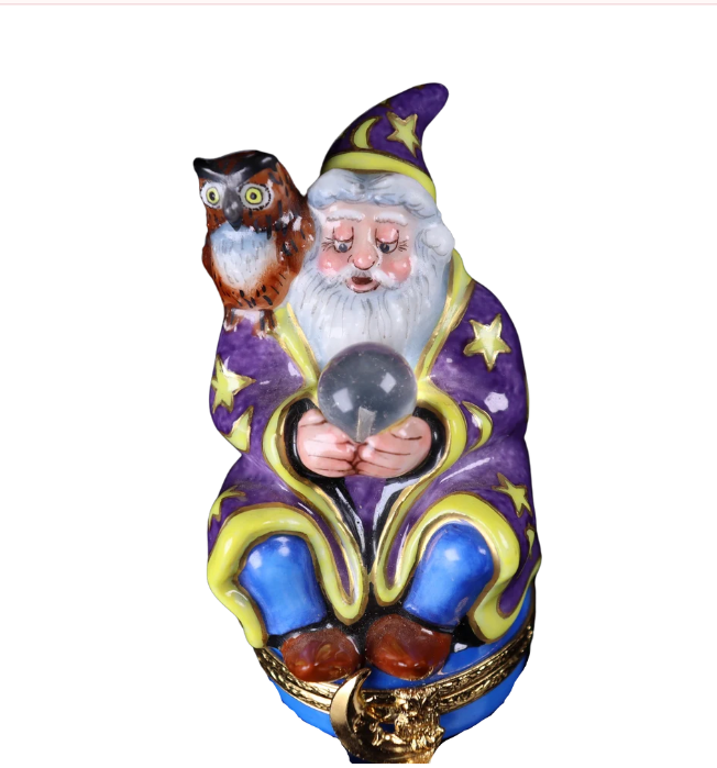 Wizard with owl and crystal ball, hand-painted Limoges porcelain box by Artoria