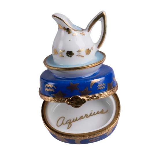 Aquarius zodiac water bearer hand-painted Limoges porcelain box by Artoria, open view