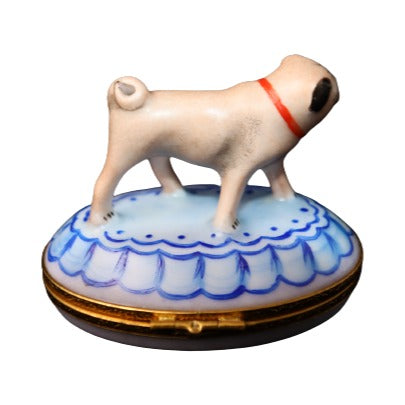 Fine French craftsmanship on the Pug Standing Up Limoges box, painted by hand