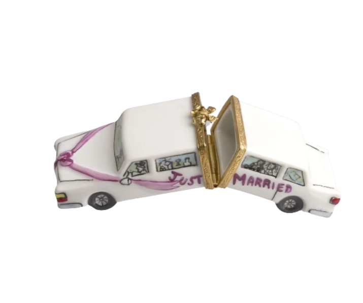 Just Married wedding car, hand-painted Limoges porcelain box by Artoria, open view