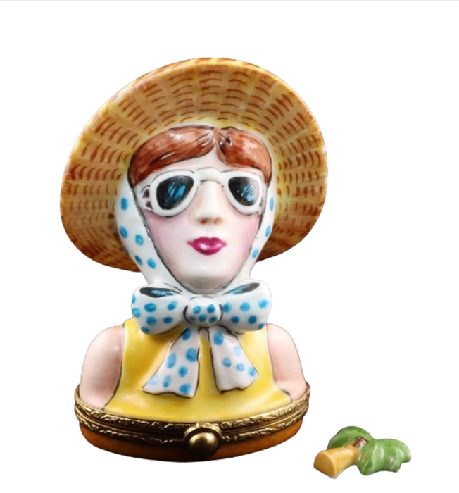 Tourist Lady with straw hat and sunglasses, hand-painted Limoges porcelain box by Artoria