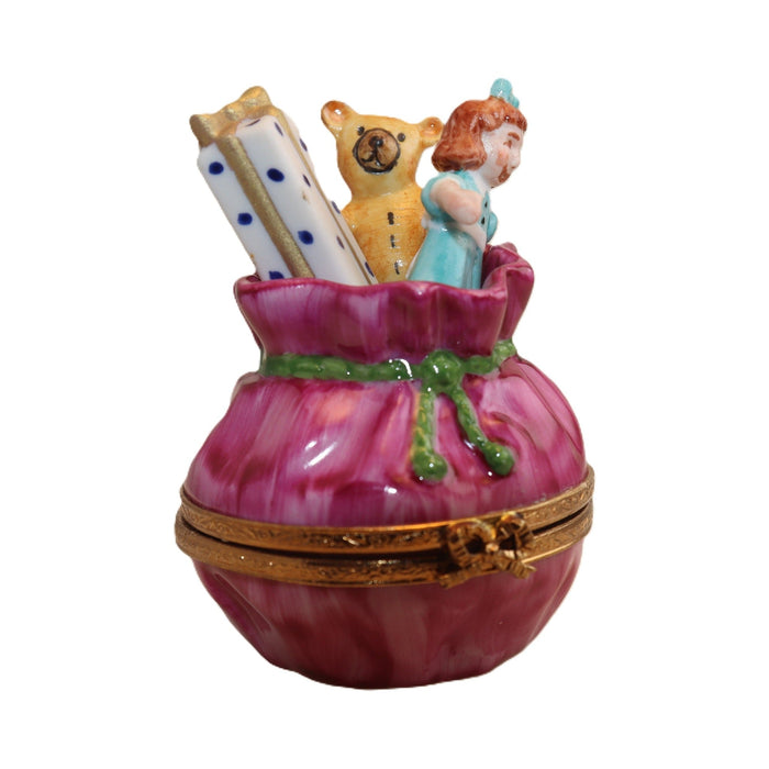 Artisan-painted Santa Bag Toys for Christmas Limoges box from France, a cherished collectible