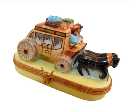 Stagecoach with horses, hand-painted Limoges porcelain box by Artoria
