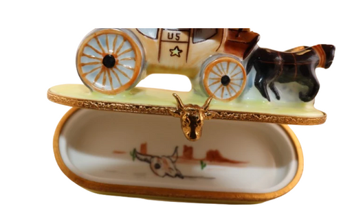Stagecoach with horses, hand-painted Limoges porcelain box by Artoria, open view